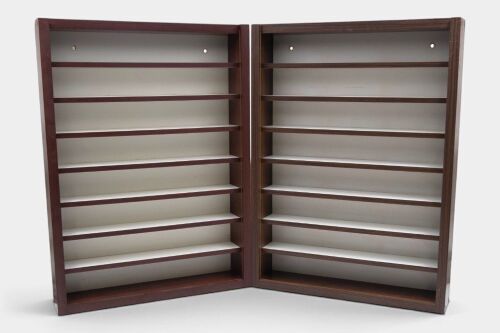CABINETS: Two timber and perspex wall-mountable display cabinets to suit 1:43 scale and smaller diecast models. Each measure 51.5cm high, 37.5cm wide, 7.5cm deep