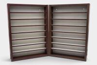 CABINETS: Two timber and perspex wall-mountable display cabinets to suit 1:43 scale and smaller diecast models. Each measure 51.5cm high, 37.5cm wide, 7.5cm deep