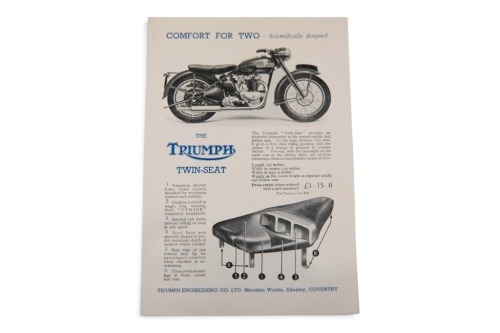 TRIUMPH: A c1949 Triumph Twin-Seat single page sales brochure [Location: Melbourne]