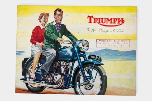 207 · TRIUMPH: A 1953 Triumph model range brochure, covers models Terrier T15, Speed Twin, Thunderbird, Tiger 100, Tiger 110, Cub & Trophy, with local dealer stamp 'Tingate Motors Cnr Nepean Hwy & North Rds Gardenvale' [Location: Melbourne]