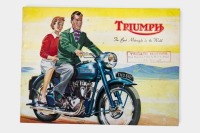 TRIUMPH: A 1953 Triumph model range brochure, covers models Terrier T15, Speed Twin, Thunderbird, Tiger 100, Tiger 110, Cub & Trophy, with local dealer stamp 'Tingate Motors Cnr Nepean Hwy & North Rds Gardenvale' [Location: Melbourne]