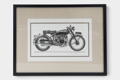 2 · VINCENT: A Vincent monochrome print featuring the 1952 Vincent Black Shadow, signed by the artist, Christopher Marshall, 48cm high, 64cm wide overall [Location: Melbourne]