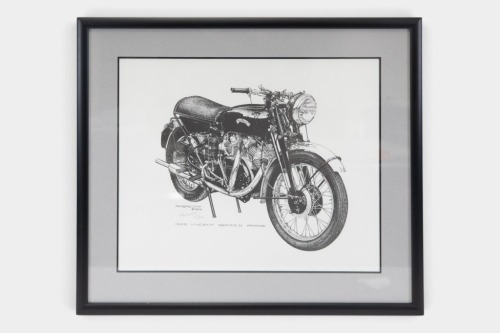 1 · VINCENT: A Vincent monochrome print featuring the 1955 Series D Rapide, signed and numbered by the artist, Ambrecht, limited edition (47/500), 51cm high, 59cm wide overall [Location: Melbourne]