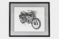 VINCENT: A Vincent monochrome print featuring the 1955 Series D Rapide, signed and numbered by the artist, Ambrecht, limited edition (47/500), 51cm high, 59cm wide overall [Location: Melbourne]