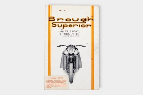 BROUGH SUPERIOR: A c1932 Brough Superior model range brochure, covers SS100, SS80, Black Alpine 680, Overhead 680 & 'Cruiser' Sidecar, in fold-out poster form [Location: Melbourne]