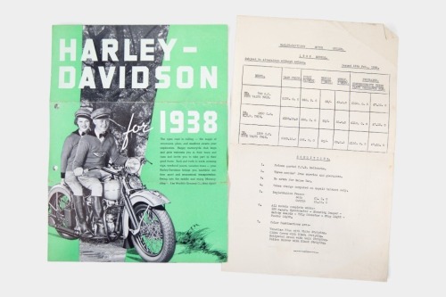 HARLEY-DAVIDSON: A 1938 Harley-Davidson model range two page brochure, features 61 Twin, 45 Twin, 74 Twin, 80 Twin & Side Car Servi-Car options [Location: Melbourne]