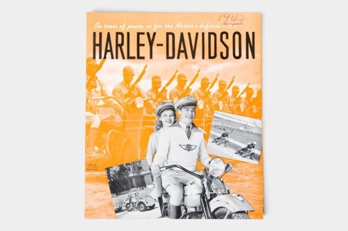 HARLEY-DAVIDSON: A 1942 (WWII era) Harley-Davidson model range three page fold out brochure, covering 74 Side Valve Twin, 74 OHV Twin, 61 OHV Twin & 45 Twin, a page feature on police motorcycles & sidecar, servi-car options, some hand writing on cover [Location: Melbourne]