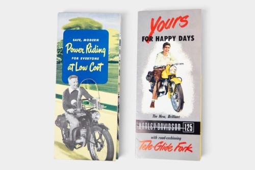 HARLEY-DAVIDSON: Two early 1950s Harley-Davidson 125 brochures, includes a 'Yours for Happy Days' brochure and a 'Safe, Modern Power Riding for Everyone at Low Cost' brochure [Location: Melbourne]