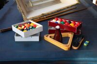POOL TABLE: A pool / billiard table complete with triangles, pool balls, billiard balls, scoreboard, overhead lamp, cues & cue rack and table cover, thought to a nine foot tournament sized table - 2