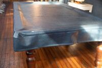 POOL TABLE: A pool / billiard table complete with triangles, pool balls, billiard balls, scoreboard, overhead lamp, cues & cue rack and table cover, thought to a nine foot tournament sized table - 10