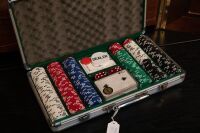 DARTBOARD / CASINO: A dartboard game fitted in timber case, with two opening doors & one drawer for darts, case 80cm high, 60cm wide, 22cm deep together with a casino kit - 2