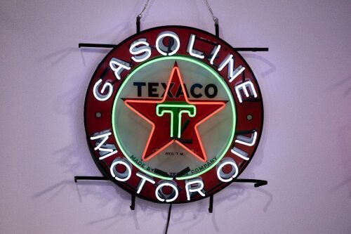 TEXACO: A modern Texaco 'Gasoline Motor Oil' neon sign, approx. 55cm high, 55cm wide