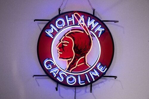 MOHAWK: A modern 'Mohawk Gasoline' neon sign, approx 55cm high, 55cm wide