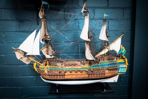 GOTHEBORG: A timber Gotheborh of Sweden model ship on base, 61cm high from base, 69cm wide