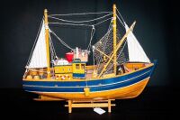 FISHING BOAT: A small timber model fishing boat on base, 38cm high from base, 45cm wide - 4
