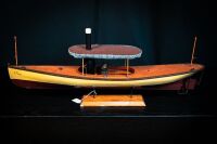 STEAM LAUNCH: A timber model steam launch style boat on base, 30cm high from base, 70cm wide - 2