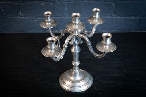 CANDELABRA:A Marinoni (Italy) four branch pewter candelabra, 30cm high