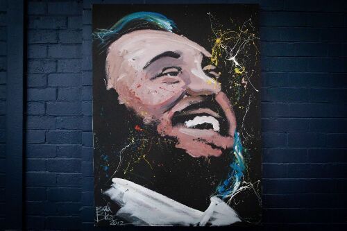 PAVAROTTI: An oil on canvas painting of Luciano Pavarotti by Australian speed painter Brad Blaze, dated 2012, 121cm high, 91cm wide