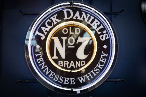 JACK DANIELS / HAMBURGERS: A Jack Daniells Whisky neon light fixture, 55cm high, 55cm wide (untested) and a 'Hamburgers - Best in Town' sign