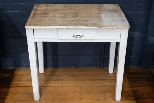 TABLE: One small rustic looking table with one drawer, mostly painted white, 80cm long, 76cm high & 56cm deep