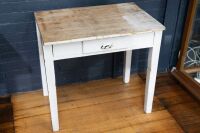 TABLE: One small rustic looking table with one drawer, mostly painted white, 80cm long, 76cm high & 56cm deep - 4
