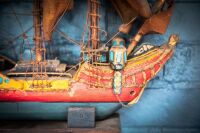 MODEL SHIP: A small ornate timber model ship on base, 62cm high from base, 50cm wide - 2