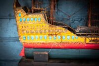 MODEL SHIP: A small ornate timber model ship on base, 62cm high from base, 50cm wide - 3