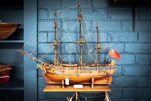 BOUNTY: A timber HMS Bounty ship model on base with nameplate, 60cm high to base, 70cm wide