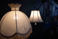 LAMPS: Two timber standing lamps with fabric shades, one with brass claw feet, tallest 170cm high - 2