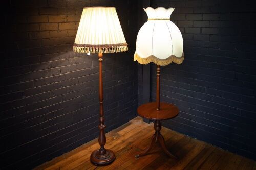 LAMPS: Two timber standing lamps with fabric shades, one with built in table, tallest 180cm high