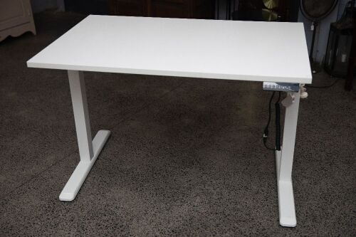 DESK: A small height adjustable work desk, made by Desky, in white, 80cm high (starting height), 120cm wide, 75cm deep