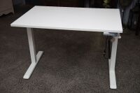 DESK: A small height adjustable work desk, made by Desky, in white, 80cm high (starting height), 120cm wide, 75cm deep