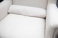 ARMCHAIRS: Two large linen covered Hamptons style armchairs, made by Villa Maison (China), 108cm high, 113cm wide, 75cm deep, both have minor staining - 3