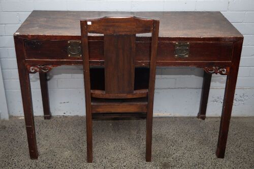 DESK: A solid oriental timber desk with two drawers and chair, 88cm high, 130cm wide, 51cm deep