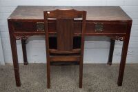 DESK: A solid oriental timber desk with two drawers and chair, 88cm high, 130cm wide, 51cm deep