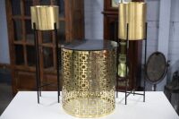 PLANTERS: Two gold toned planters and one side table, tallest planter 75cm high, table 47cm high