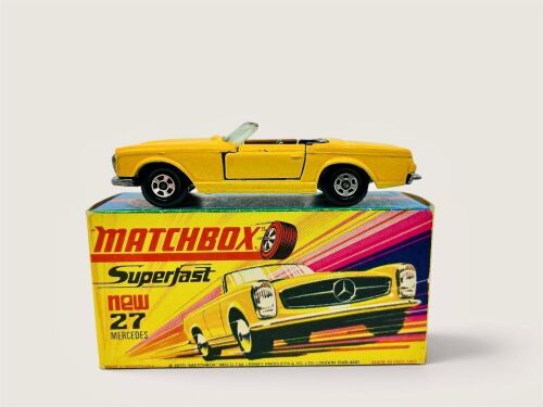 MERCEDES-BENZ 230SL: A 1:64 scale model by Matchbox of the Mercedes-Benz 230SL (Superfast Series No.27) with original packaging.