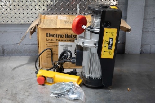 WINCH: An unused Giantz 1200w electric hoist winch (model No.EH-18M-PA600A) for vertical overhead lifting in garages / workshops, in original box