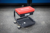 ROLLING SEAT: A Sidchrome rolling creeper seat with one drawer