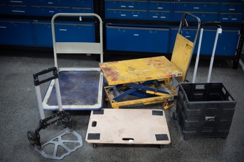 TROLLEYS / DOLLYS: Five trolley & dolly items, includes a Maverick mobile scissor lift table, a rectangular wooden dolly and two foldable trolleys