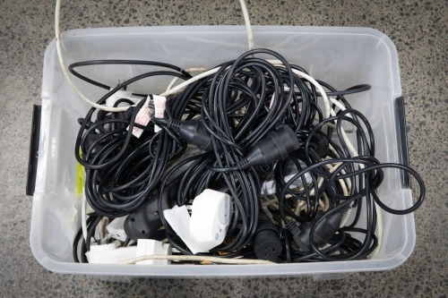 POWER LEADS: A tub of assorted power leads, boards & adaptors