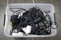POWER LEADS: A tub of assorted power leads, boards & adaptors