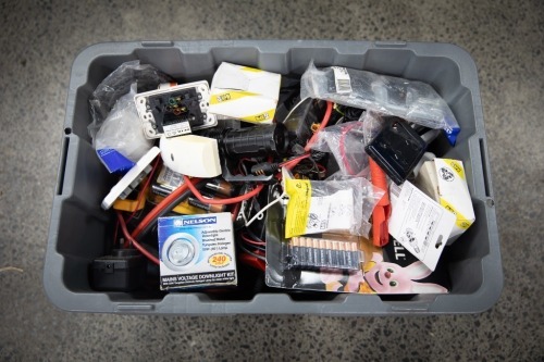 ELECTRICAL: A tub of assorted mostly automotive power chargers, cables, batteries, wires etc
