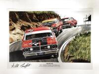 Moffat: Print "Ho-Ho-Ho" depicting a 1971 Hardie Ferodo 500 Bathurst racing, signed by Allan Moffat. 42 cm wide, 30 cm high.