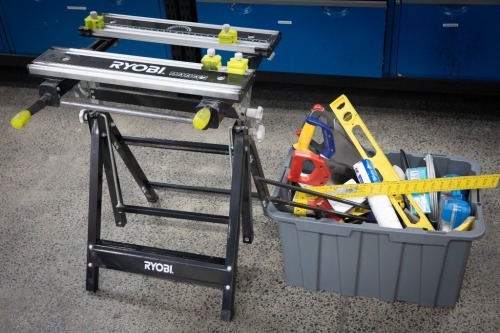 HARDWARE: A tub of assorted hardware items, includes such items as a planer, saws, quick grips, hammers, etc