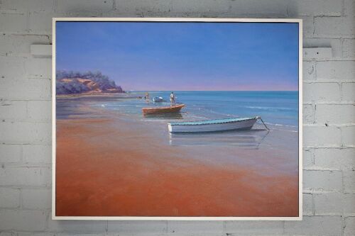 MARY HENNEKAM: An original oil on canvas painting of boats on the beach titled on reverse 'Sulivans Bay' by Mary Hennekam, artwork size 75cm high, 95cm wide
