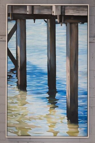J.A. TARANTO: An oil on canvas painting of pier pilings over water by J.A. Taranto, dated 2009, artwork size 122cm high, 76cm wide