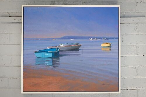 MARY HENNEKAM: An original oil on canvas painting of boats moored near beach titled on reverse 'Towards Arthur's Seat' by Mary Hennekam, artwork size 66cm high, 76cm wide