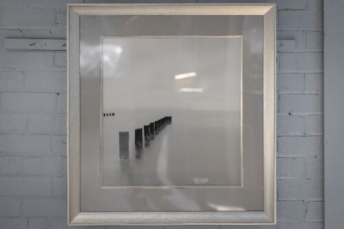 PRINT: A print titled 'Lake Michigan Morning, Chicago' featuring boat moorings on misty lake by Warranbrooke Art (Australia), image 60cm high, 56cm wide