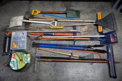 GARDENING: A group of assorted gardening items, includes rakes, spades, picks, an unused hose, a box of hose connections among other items